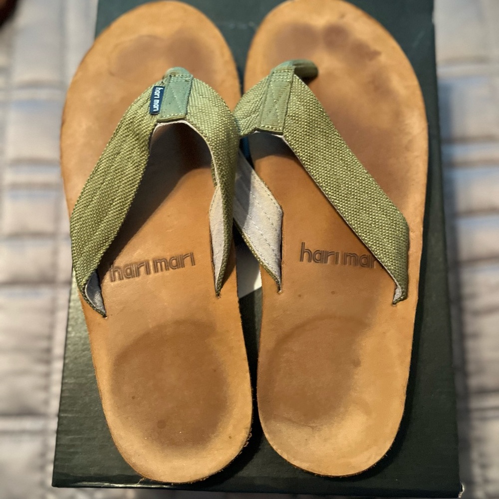 Hari Mari Green and Brown Leather Flip Flops
